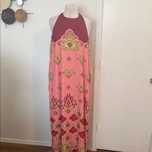 Elegant Floral Maxi Dress - Pink and Green